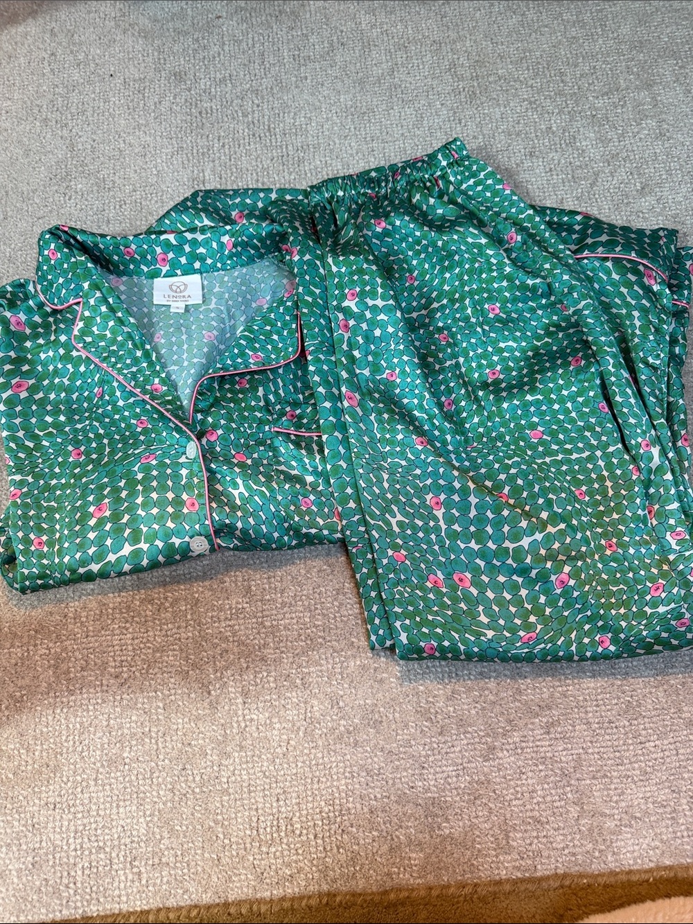 Lenora Green Floral-Print Women's Pajama Set with Pink Piping